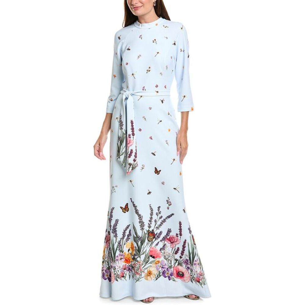 Teri Jon By Rickie Freeman Womens Crepe Border Print Gown, Blue